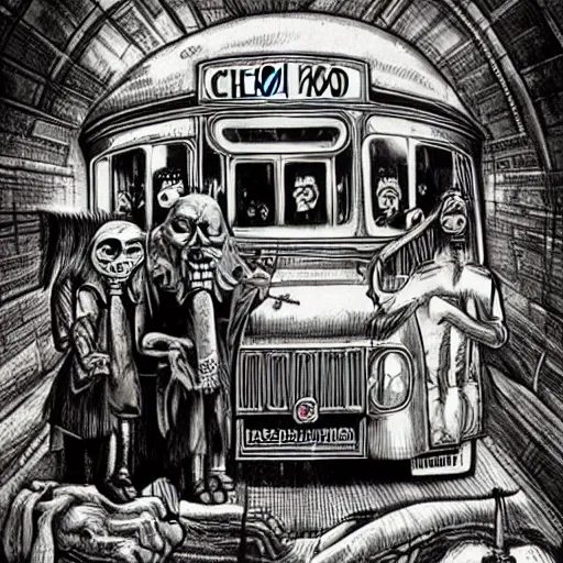 Prompt: an evil schoolbus. h. r. giger, h. p lovecraft, alejandro jodorowsky