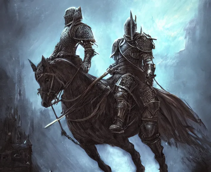 Prompt: knight on horseback, fantasy art, very detailed, beautiful, dark souls, lush landscape, trending on artstation, pixiv