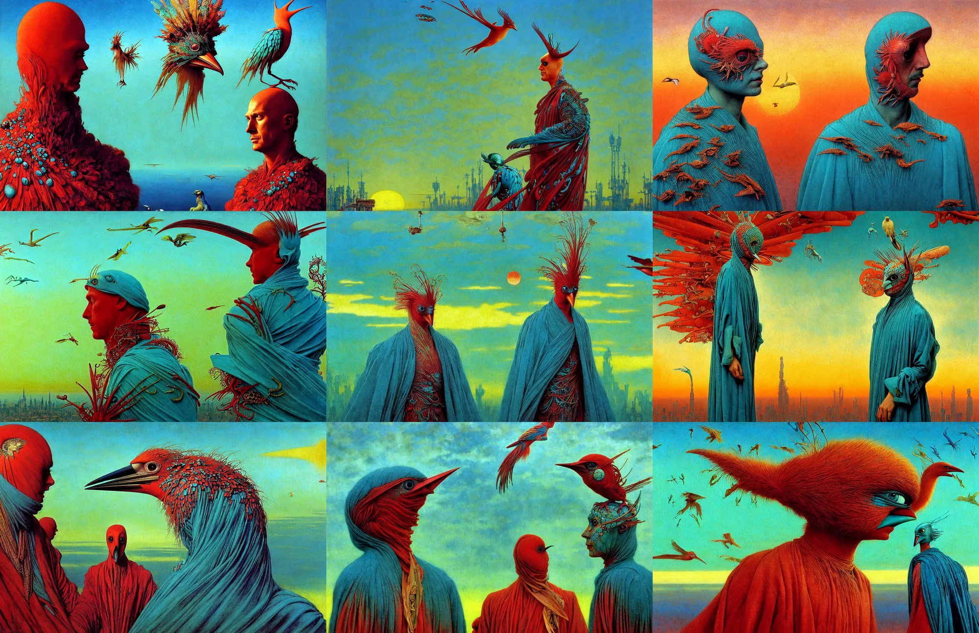 Prompt: realistic detailed portrait movie shot of a birdman wearing turquoise ragged robes, sci fi city sunset landscape background by denis villeneuve, amano, yves tanguy, alphonse mucha, ernst haeckel, max ernst, roger dean, masterpiece, rich moody colours, bird head, blue eyes