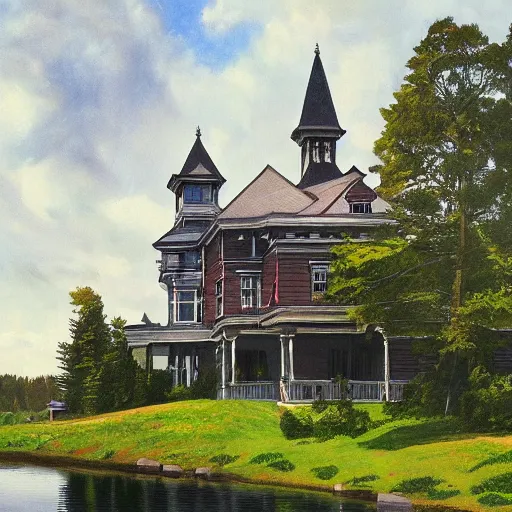 Image similar to Victorian mansion beside an inland lake in rural Maine, artstation, felix Kelly, Bob Ross