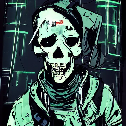 Prompt: skull, creative design, cyberpunk, techwear, full body portrait, character design, graffiti, by Ashley Wood and Jamie Hewlett