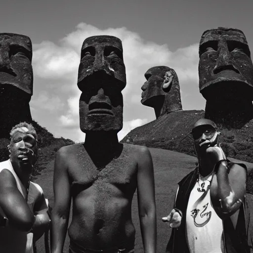 Prompt: moai rap album cover 9 0 s