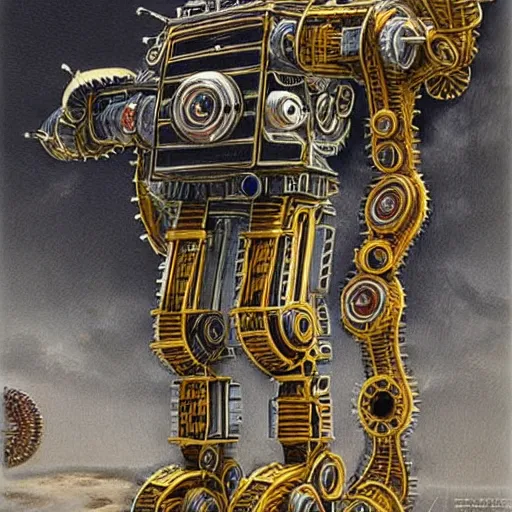 Prompt: a highly detailed retro futuristic robot with gears and other mechanical parts made out of pasta going for a walk outside, a robot made out of pasta, painting by Jim Burns