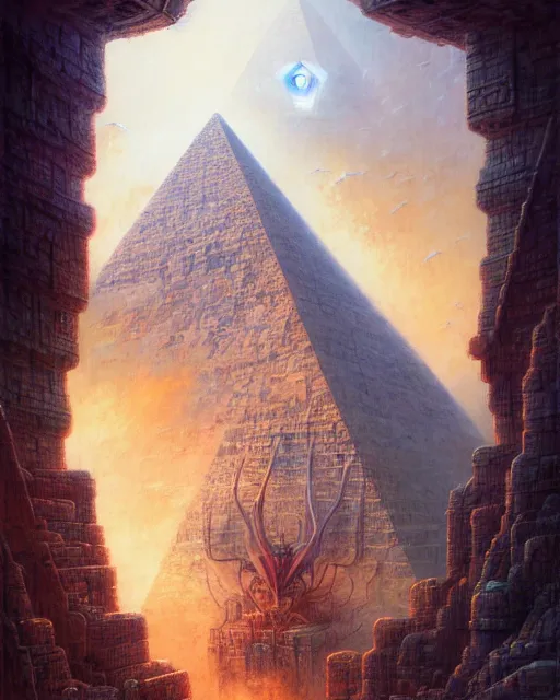 Prompt: inside a small pyramid made of pyramids and eyes fantasy character portrait, ultra realistic, wide angle, intricate details, blade runner artifacts, highly detailed by peter mohrbacher, boris vallejo, hajime sorayama aaron horkey, gaston bussiere, craig mullins