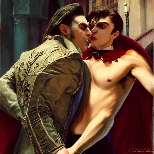 Image similar to attractive male, arthur pendragon confesses his love to attractive male dracula the vampire. highly detailed painting by gaston bussiere, craig mullins, j. c. leyendecker 8 k