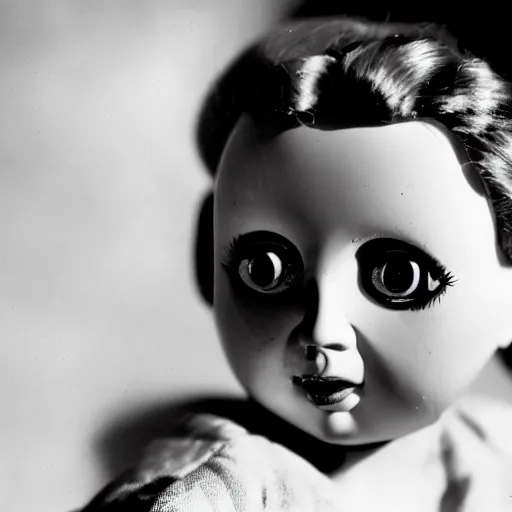 Image similar to a close - up, black and white studio photographic portrait of a doll with a broken face, dramatic backlighting, 1 9 4 0 photo from life magazine