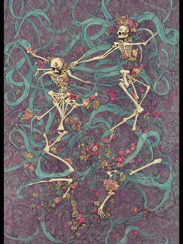 Prompt: a skeleton covered in flowers in a dynamic pose, art nouveau, james jean, peter mohrbacher, highly detailed, vivid lighting,