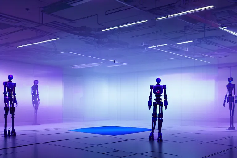 Prompt: humanoid robot in a server room, purple and blue color scheme, dan mumford, inception, blade runner, the fifth element, fisheye, volumetric octane render, by ruan jia and ross tran, malevich