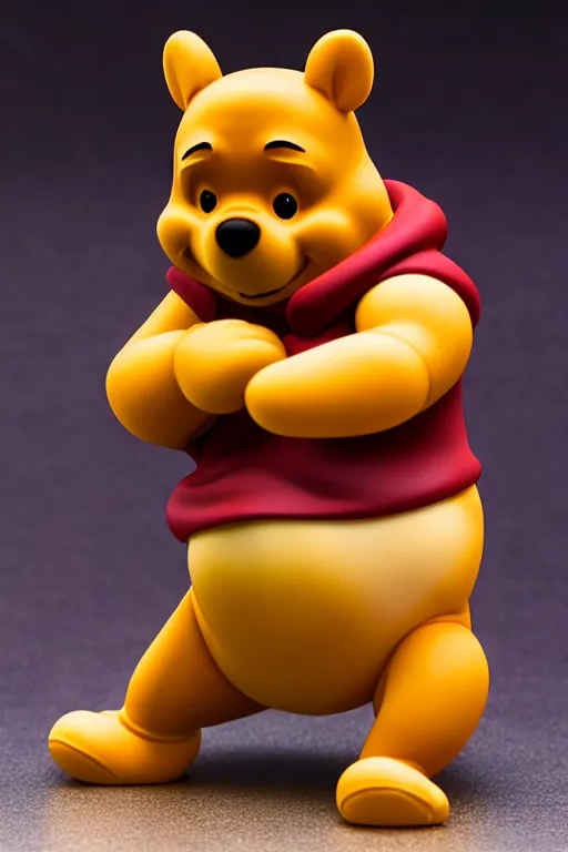 Image similar to still high quality figurine of buff winnie the pooh, tsurime eyes, tareme eyes, personification, dynamic pose, detailed product photo, featured on amiami, tone mapped, beautiful composition, 8 5 mm, f. 1 4