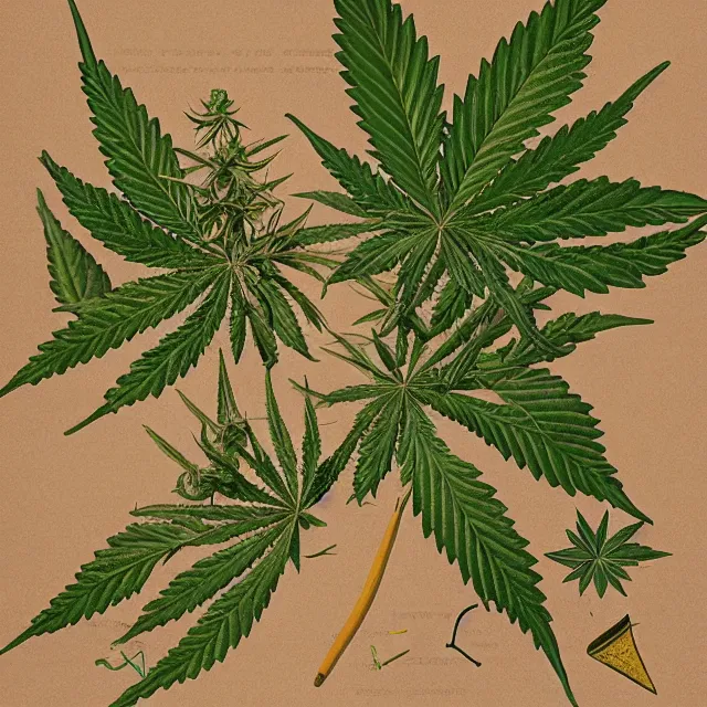 Prompt: botanical illustration of cannabis featuring a joint and a pipe, detailed pointers with text