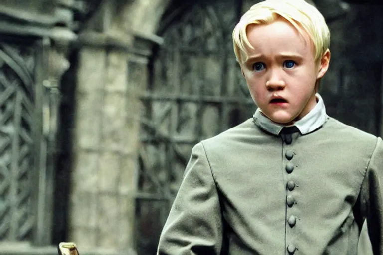 Image similar to film still Haley Joel Osment as Draco Malfoy wearing hogwarts uniform in Harry Potter movie