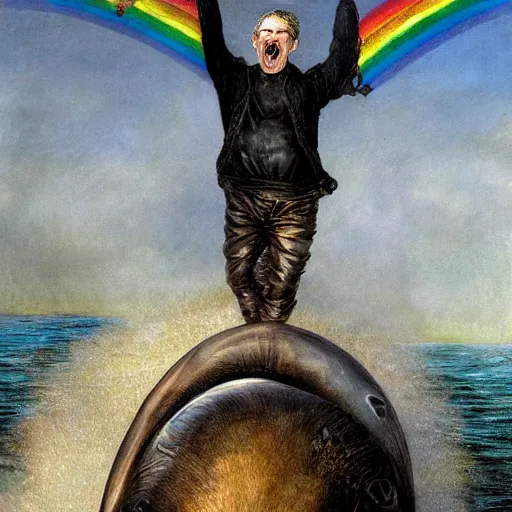 Image similar to a hyper realistic painting of death standing on the back of a dolphin that is jumping over a rainbow, by james c christensen and santiago caruso,