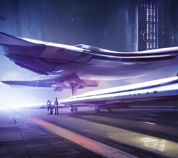 Image similar to futuristic sci fi jet lands at runway of cyberpunk city, night photo ,dark cinematic lighting , digital concept art