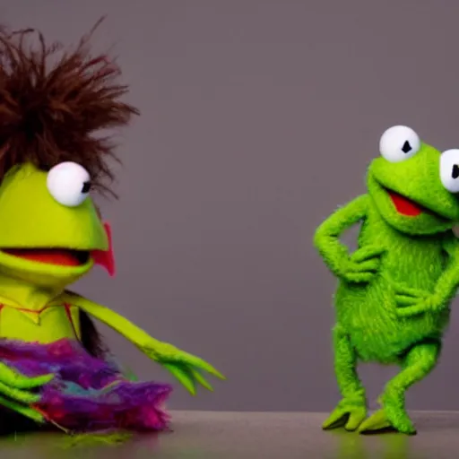 Prompt: disheveled homeless angry muppet stabbing Kermit out of jealousy. Photograph.