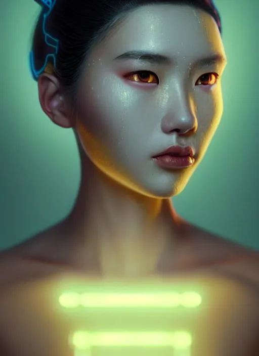 Image similar to photorealistic portrait of oriental female humanoid with freckle cheeks, cyber neon lightings, intricate, cyberpunk high fashion, elegant, crispy quality, digital photography, trending in artstation, trending in pinterest, glamor pose, no signature, no watermark, cinematic, octane render, art by artgerm, art by greg rutkowski, art by pascal blanche