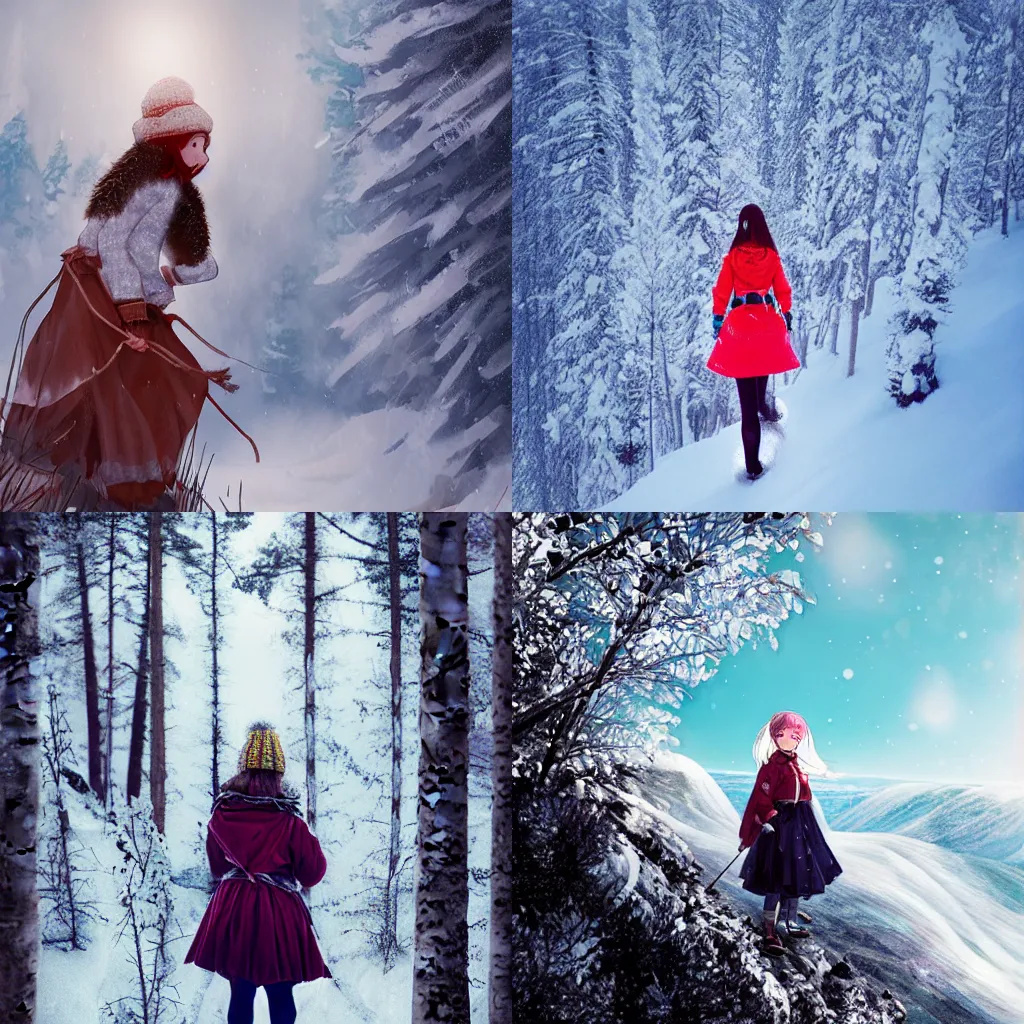Prompt: A girl in Lapland clothing climbs a mountain, nature photography, digital anime art by WLOP.
