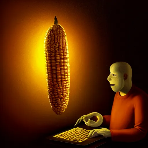 Image similar to Anthropomorphic corn cob using computer in a dark room, face illuminated, hyperrealistic, artstation, 8k, concept art, very detailed, hd, digital painting, shadows, dimly lit, dramatic lighting