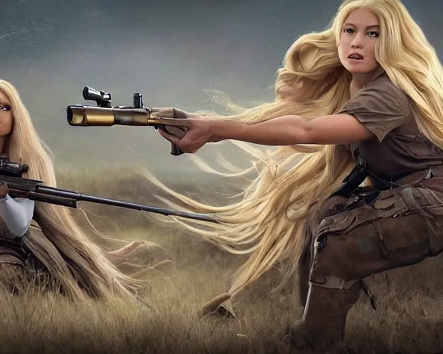 Image similar to disney princess with long blonde hair vs long barreled 9 0 sniper rifle : : weta disney pixar movie still photo : : hi - fructose, decadent highly - detailed digital painting, golden ratio, octane render, artstation, smooth, sharp focus, artgerm, mucha, loish, wlop