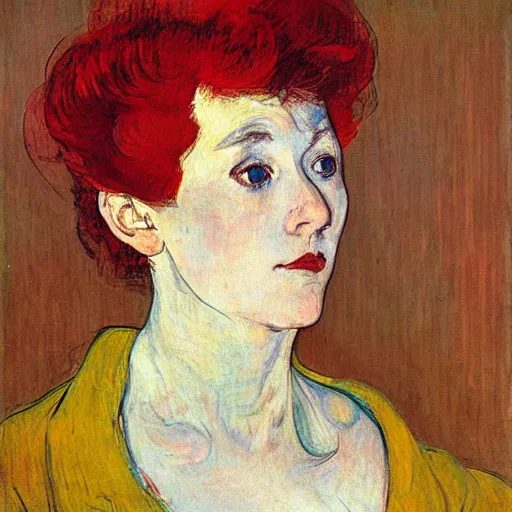 Image similar to portrait of a woman, oilpaint, red hair, henry de toulouse lautrec