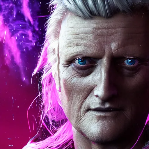 Prompt: rutger hauer as a fantasy rogue dressed as a knight, wide shot character portrait, symmetrical perfect face, porcelain skin, pink twintail hair and cyan eyes, ultra detailed, digital art, unreal engine 5, octane render, 2 d anime, 8 k