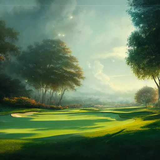 Image similar to Concept art, beautiful painting of a golf course in the midst of metropolis city, green spaces, 8k, Jeremy Cheung, greg rutkowski, artstation