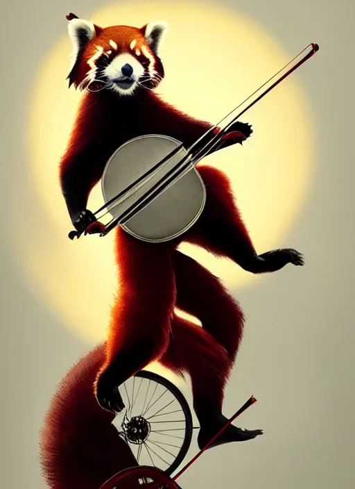 Image similar to portrait of a red panda riding a unicycle, playing a violin, intricate, elegant, glowing lights, highly detailed, digital painting, artstation, concept art, smooth, sharp focus, illustration, art by wlop, mars ravelo and greg rutkowski