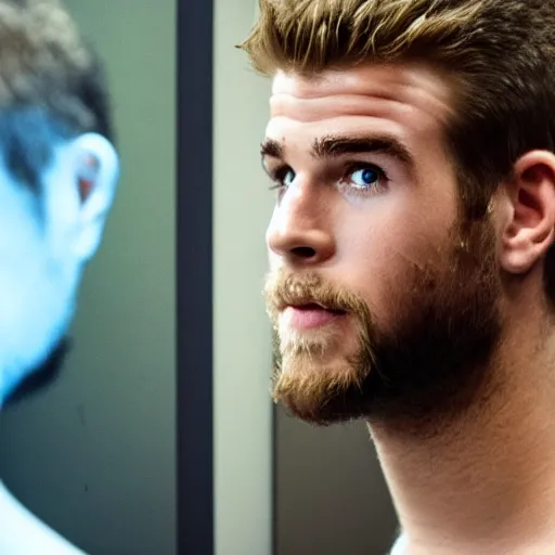 Image similar to “a realistic detailed photo of a guy who is an attractive humanoid who is half robot and half humanoid, who is a male android, actor Liam Hemsworth, shiny skin, posing like a statue, blank stare, at the museum, on display”