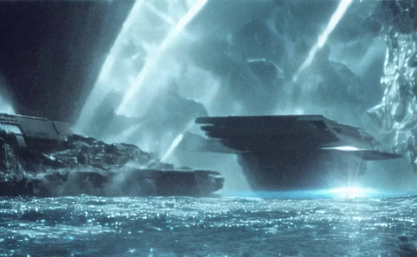 Prompt: iconic cinematic screen shot of star destroyer waterfall canyon planet, from the action packed scene from the 8 0 s star wars sci fi film by stanley kubrick, glowing lasers, kodak film stock, anamorphic lenses 2 4 mm, lens flare, award winning