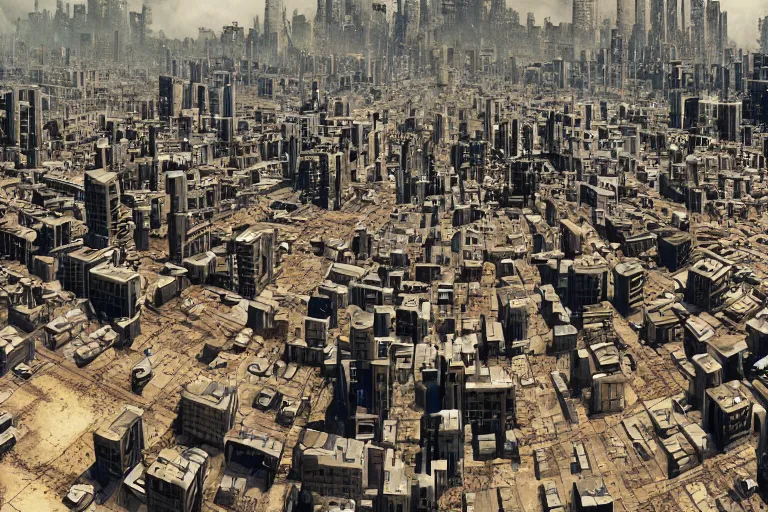 Image similar to sprawling cramped dystopian cityscape in a quentin tarantino movie, 4 k arri alfa anamorphic lens 3 5 mm film wide shot still