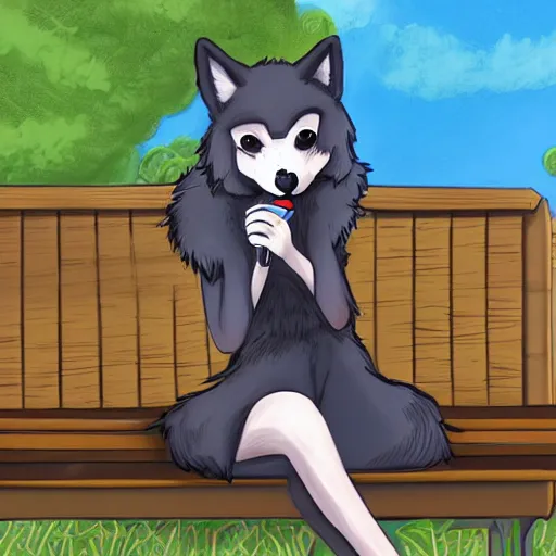 Image similar to furry artwork of female furry wolf sitting on a park bench enjoying a coffee, sunny day, furry art, furry, furaffinity, deviantart furry, anthro,