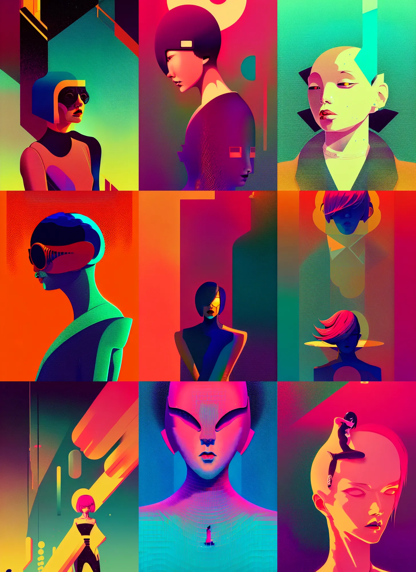 Prompt: ( ( dither ) ), editorial illustration portrait of reol, dynamic pose, modern art deco, colorful, ( ( mads berg ) ), christopher balaskas, victo ngai, rich grainy texture, detailed, dynamic composition, wide angle, moebius, matte print, glitch art, ( ( cosmic ) )