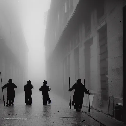 Prompt: a group of clowns walking down a long dark foggy alley the are carrying sticks. fog, tall decrepit buildings. black and white photography