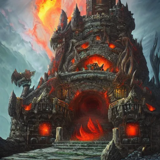 Prompt: the exterior of bowser's castle, epic, fantasy art, dark fantasy, illustration, flames, lava, oil painting, artstation, hyper detailed, thwomps, oil painting, intricate