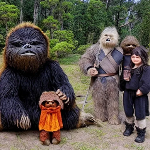 Image similar to Ewok family taking selfie at the gates of Mordor