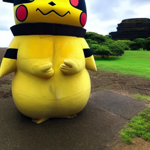 Image similar to pikachu as a moai statue, travel photo