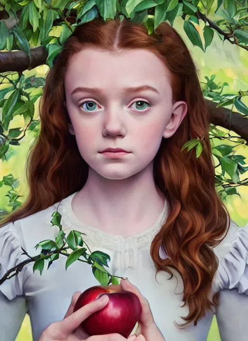 Image similar to well - lit art nouveau portrait of a 1 3 - year old girl who resembles millie bobby brown and sadie sink looking worried under an apple tree, natural lighting, path traced, highly detailed, high quality, cartoon, digital painting, by don bluth and ross tran and studio ghibli