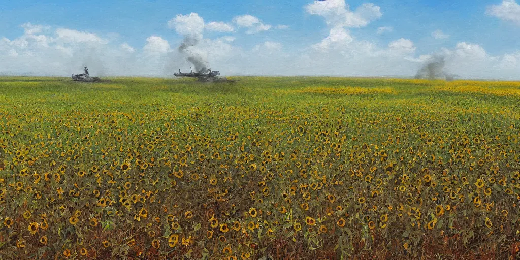 Prompt: an eastern front battlefield landscape, summertime, shell craters, single smoking destroyed tank, sunflower field, digital oil painting