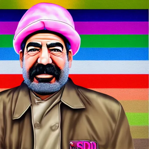 Prompt: professional portrait of saddam hussein wearing a pink puffy jacket and a bucket hat, rainbow background, 8 k, very detailed, very intricate,