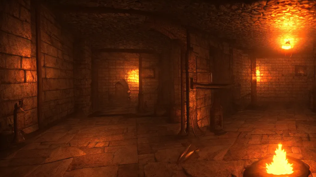 Image similar to delicious torch lit prison dungeon jail cell atmospheric unreal engine hyperreallistic render 8k character concept art masterpiece screenshot from the video game the Elder Scrolls V: Skyrim orange flame global illumination