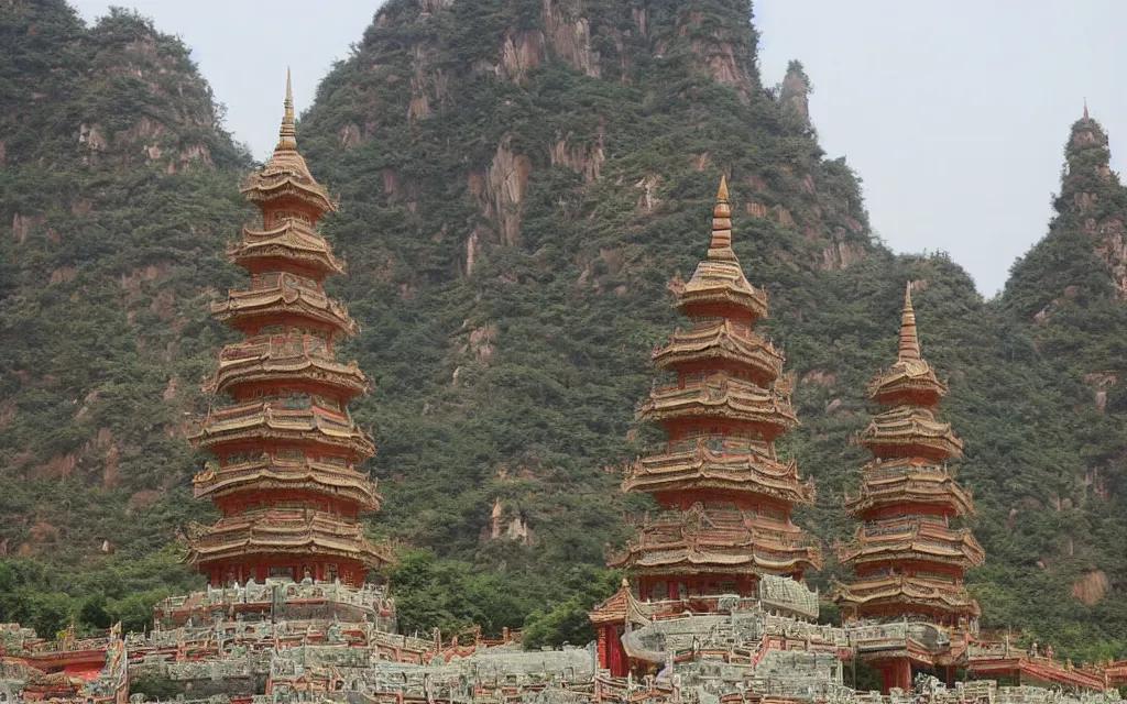 Image similar to twin chinese buddhist pagodas made of stone in a beautiful chinese landscape by michael whelan,