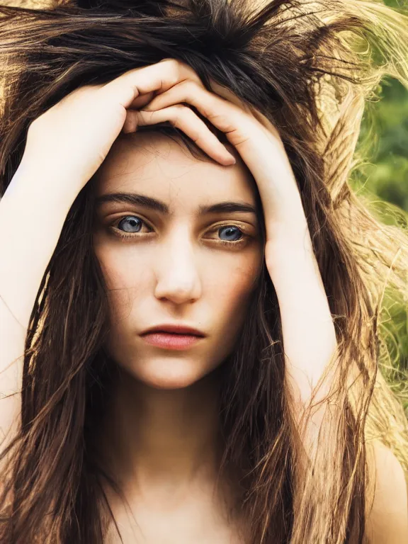 Image similar to hyperdetailed photo of a beautiful french girl, brown eyes, dark hair, winds of winter, with ripped transparent t - shirt