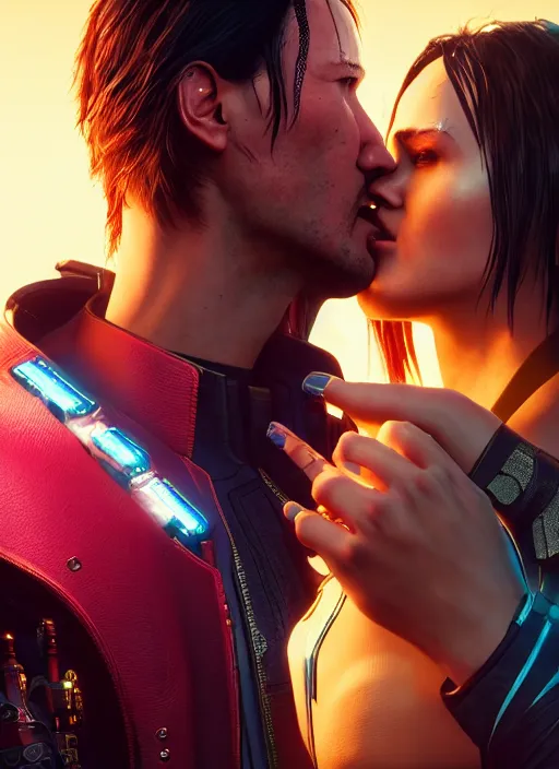 Image similar to a cyberpunk 2077 couple portrait of a Keanu Reeves as johnny silverhand and a female android in final kiss,love,fantasy, intricate, elegant,film lighting,artstation,deviantart,FAN ART,full of color,Digital painting,face enhance,highly detailed,8K,octane,golden ratio,cinematic lighting