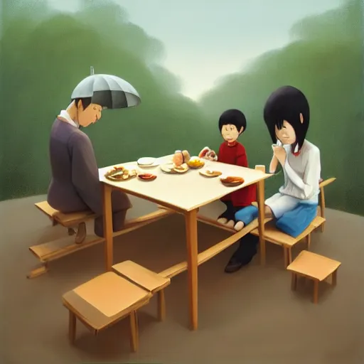 Image similar to goro fujita ilustration a family of four japanese people eating at a square wooden table, painting by goro fujita, sharp focus, highly detailed, artstation