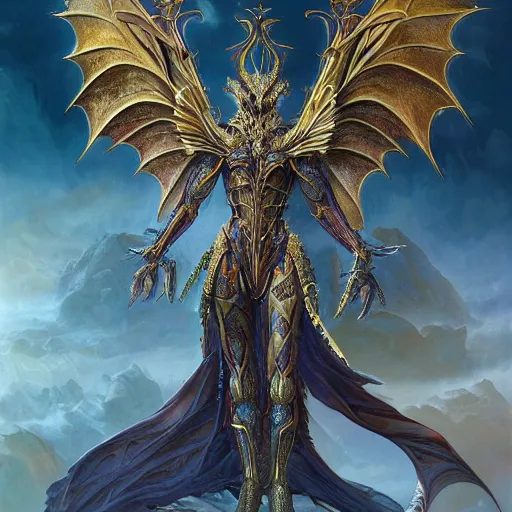 Image similar to a beautiful symmetrical muscular full body wearing a dragon armor with wings made of golden ornaments and gems, by alex gray and android jones , Karol Bak, Ayami Kojima, Amano , concept art, character design, fantasy,3D, 8k resolution