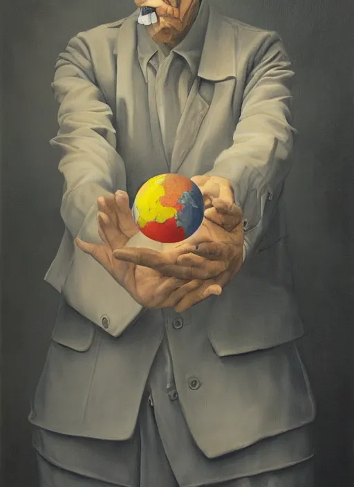 Image similar to a painting of a man holding a globe in his hands, a surrealist painting by Szymon Kot, deviantart, metaphysical painting, oil on canvas, surrealist, dystopian art,