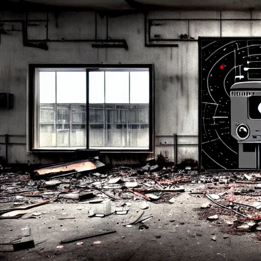 Image similar to abandoned robot factory, closed circuit tv