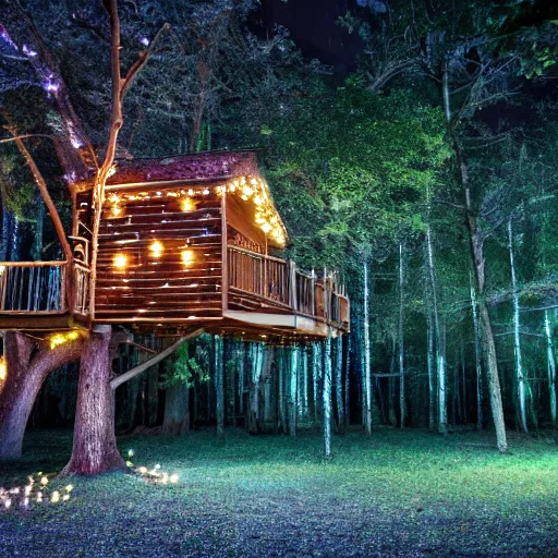 Image similar to a professional photograph of a treehouse in a forest covered in fairy lights, HD, high quality, highly detailed, award-winning