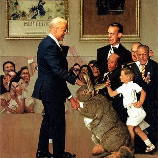 Image similar to joe biden being led around by a large rabbit, artist norman rockwell,