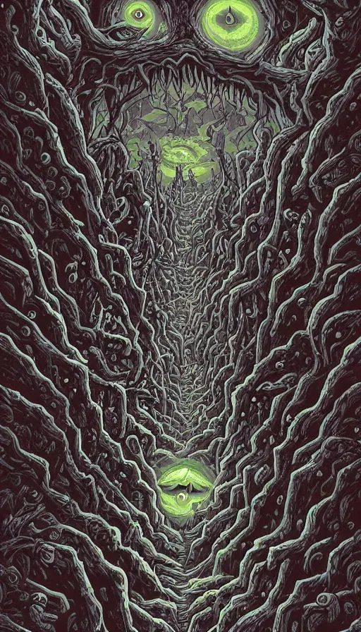 Image similar to a storm vortex made of many demonic eyes and teeth over a forest, by dan mumford