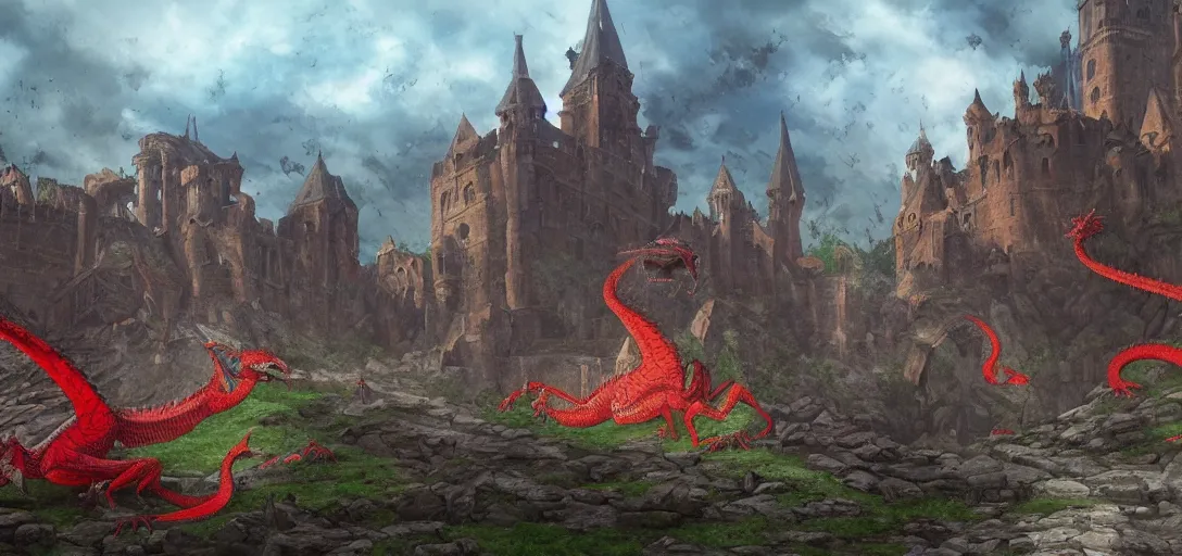 Image similar to wide angle, medieval explorers being chased by a red dragon through castle ruins, lake, realistic digital painting, concept art, coherent design, vivid color, complementary color, rule of thirds, detailed, sharp lines, intricate, in the style of forgotten realms, by studio ghibli, by greg rutkowski, by anato finnstark, deviantart, octane render, cgi